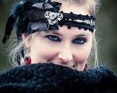 Black Goth Burlesque Flapper Feather Headdress - Victorian Goth Crochet Belly Dance Headband - Polymer Clay Halloween Bat Accessories