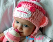 Baby Hats Sock Monkey Hat Pink Monkey Hats Handmade Baby Cap Girl Clothes Baby Hats