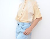 Vintage beige leinen net short sleeve 80s women shirt blouse tshirt