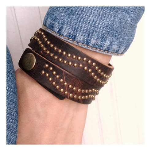 Antique Brown Leather Wrap Bracelet With Bronze metal Rivets Adjustable With  metal Studs