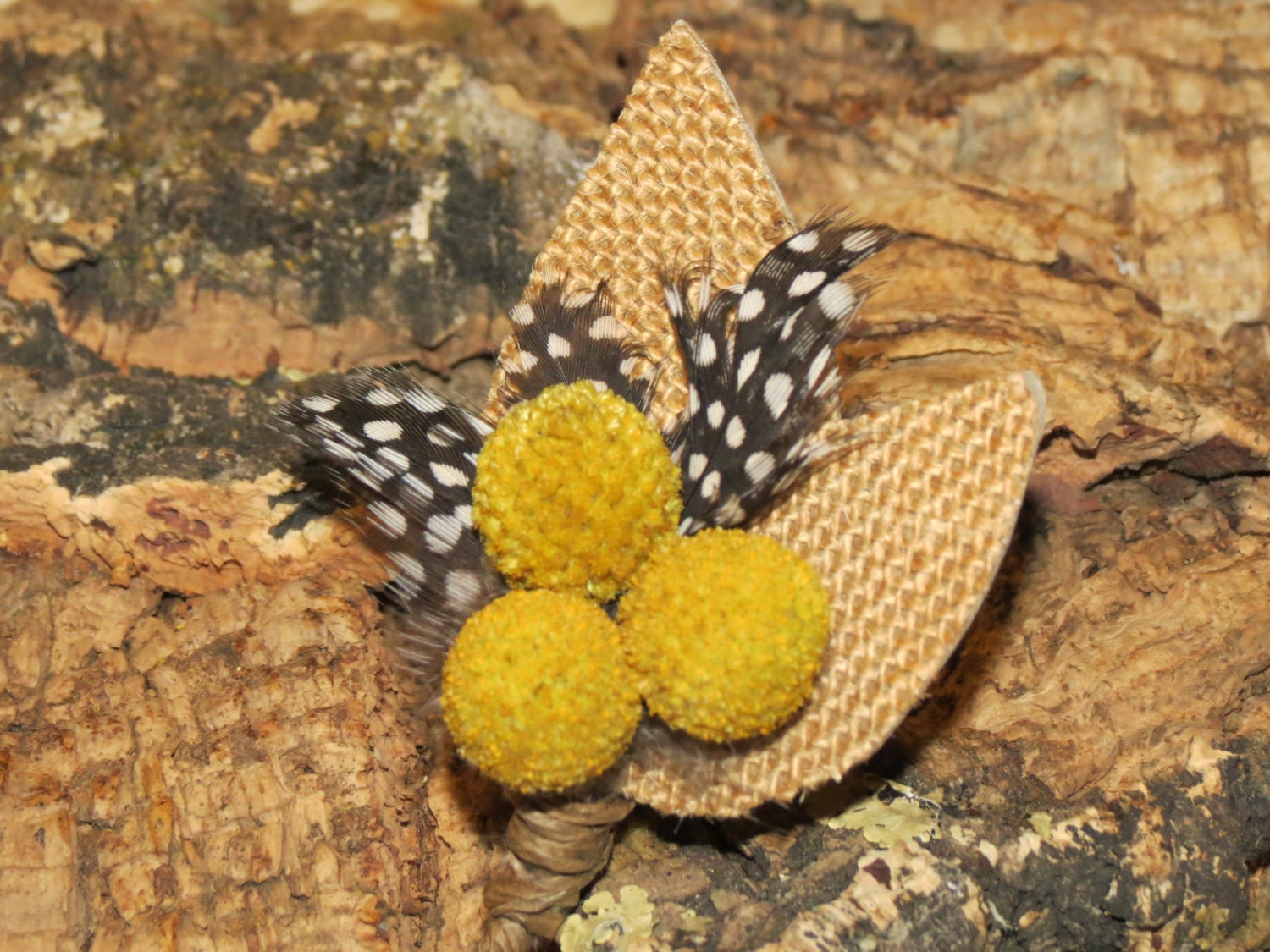 Burlap, Feather and Billy Ball Boutonniere