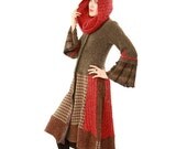 Upcycled Sweater Coat Dress /// Washable Wool Blend Green, Brown, Tan and Red OOAK  Size M with Red Cowl or Red Hooded Cowl at your Request - HandmadebyMarggie