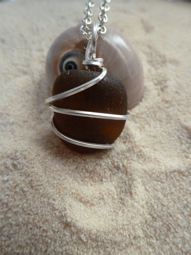 Wire wrapped brown sea glass necklace