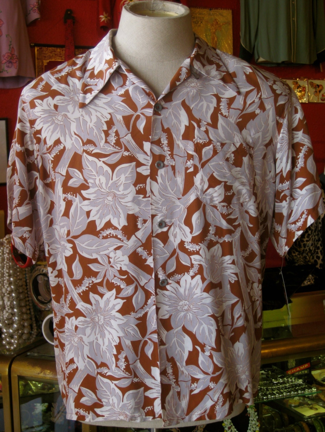 Beautiful 40's / 50's Rayon Hibiscus and Bamboo Print Hawaiian Shirt L