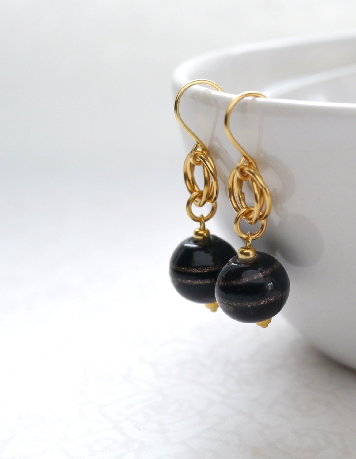 Dark Blue Earrings with Gold Chainmaille -- Midnight Blue and Gold Flecked Beads