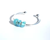European Bangle Charm Bracelet with aqua crystal, lampork and cat's eye Beads