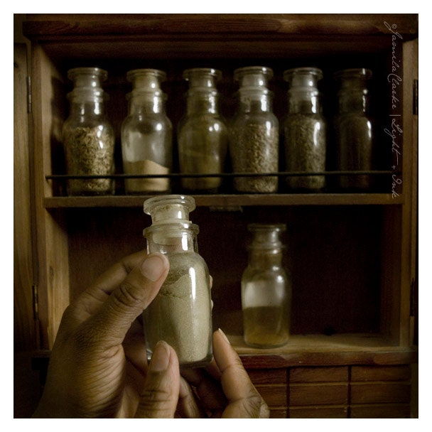 Apothecary - Mysterious Spices in Glass Vials - Wood cabinet - Fine Art Photographic Print - 5x5 with border lustre finish - lightplusink