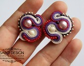 Soutache stud earrings handmade post earrings embroidered fuschia violet ecru pearls TOHO oaak gift for her under 50