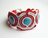 Soutache bracelet, handmade, embroidered in red, turquoise and white ooak, gift for her under 100