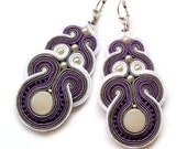 Statement soutache bridal earrings handmade embroidery purple gray lavender white satin strips TOHO oaak gift for her wedding bridesmaids