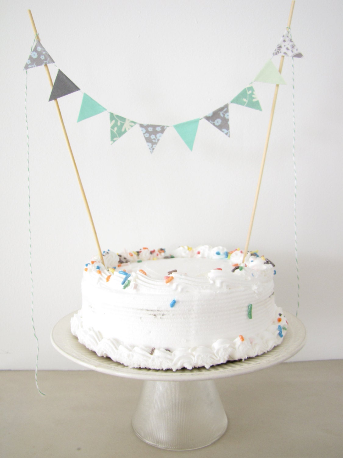 Fabric Cake Topper - Bunting Decoration - Wedding, Birthday Party, Shower Decor in charcoal grey and pastel aqua blue green floral