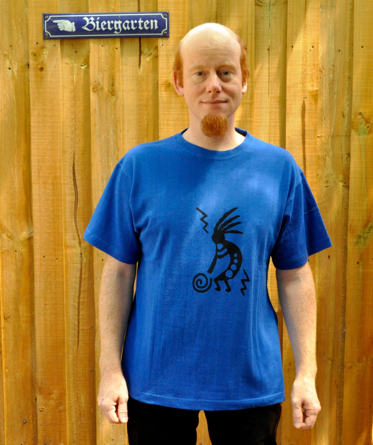 Kokopelli T Shirt. Hemp T Shirt. Native American Trickster. God of Music and Fertility. Men Blue.