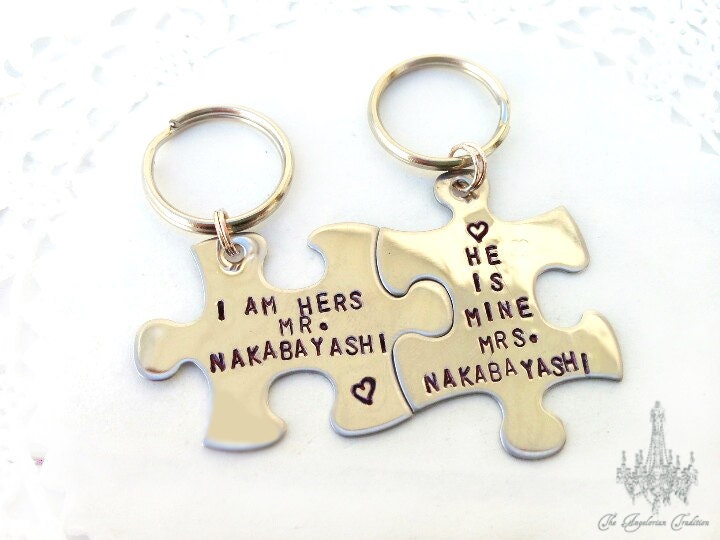 Couples Puzzle Piece Custom Stamped Keychain Set
