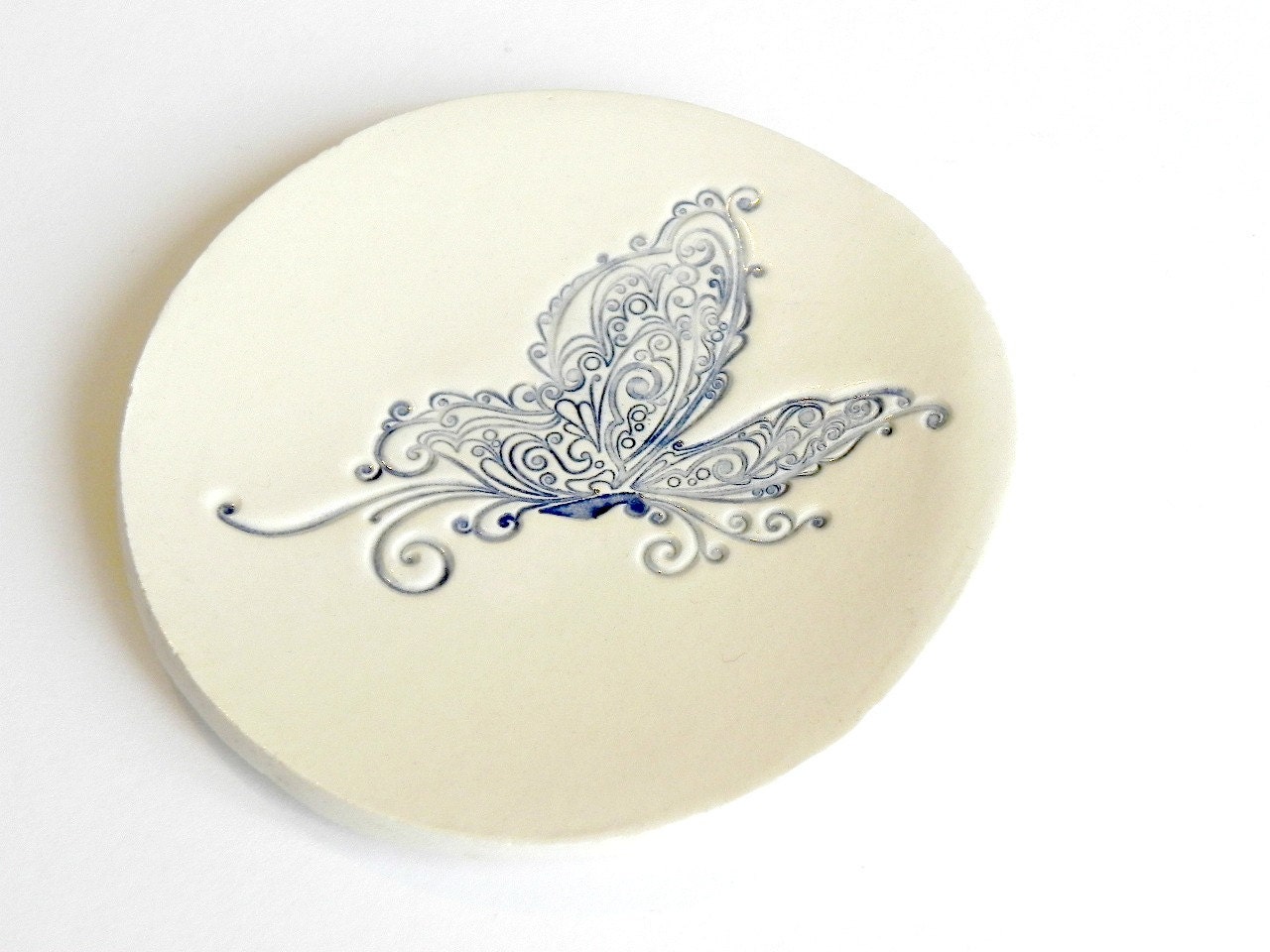 Butterfly Lace Ceramic Dish Navy Blue White Pottery Ring Holder Romantic Round Plate