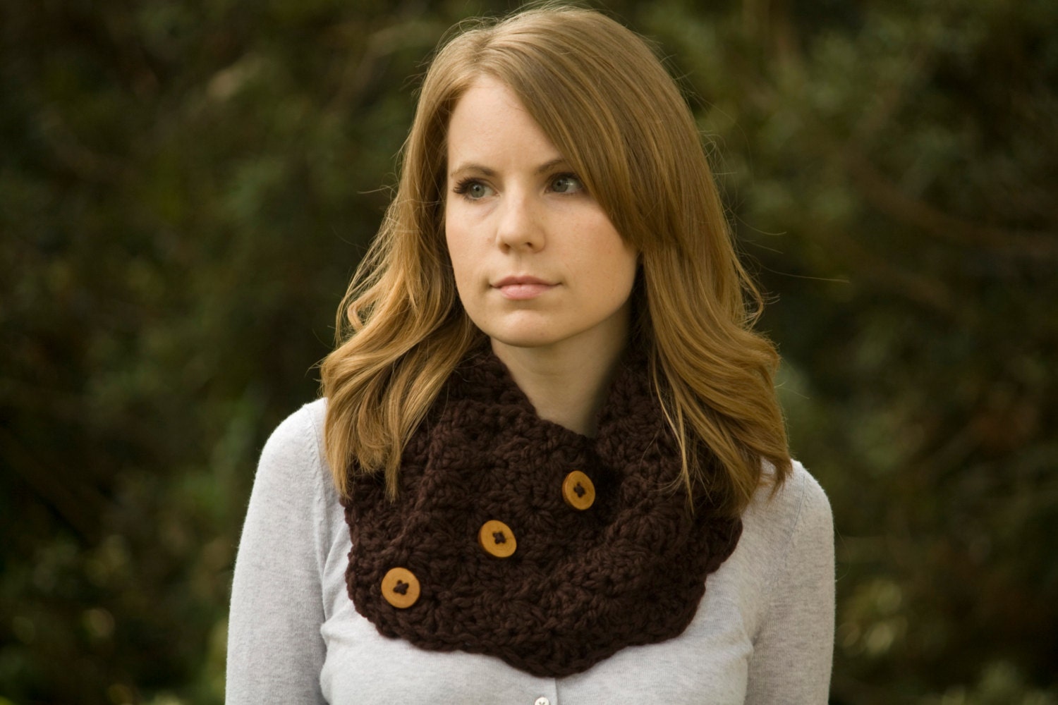 Wood Button Crochet Cowl, Neck Warmer, Chocolate Brown Shell Cowl