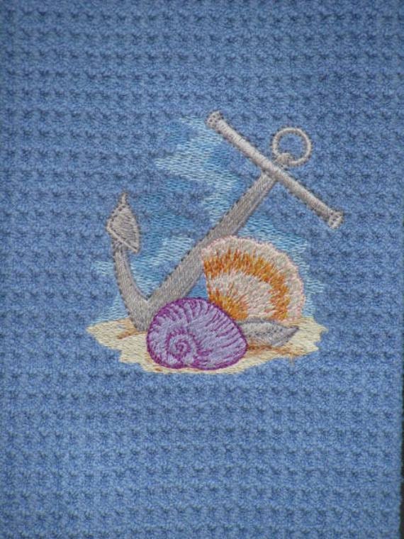 Embroidered Anchor and Shells Microfiber Waffle Weave Hand Towels