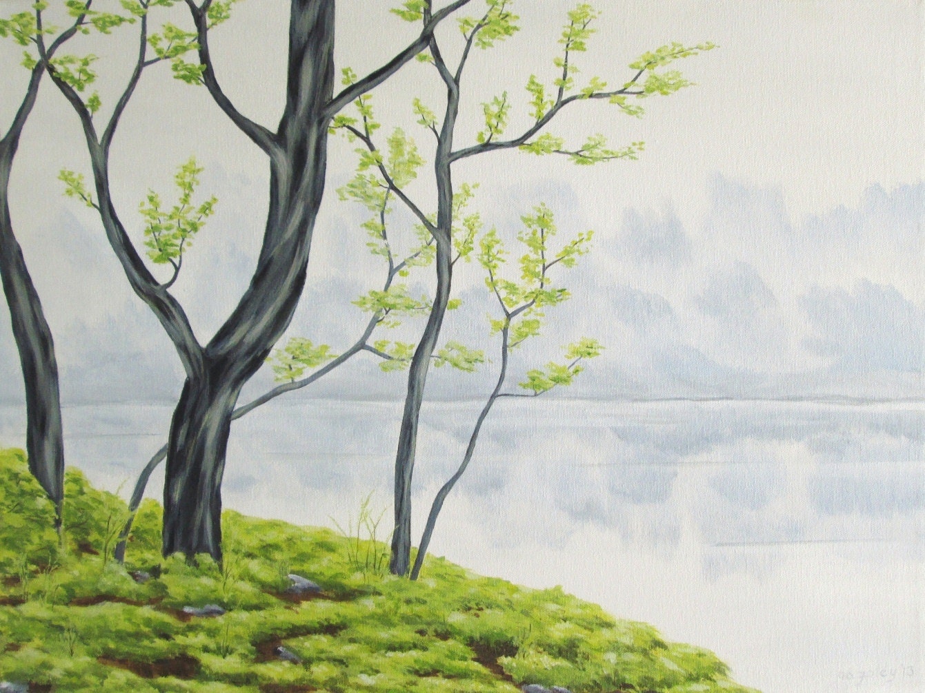 Original Landscape Painting, Green Trees and Water, Misty Morning Lake Art, Nature Fine Art, Spring Landscape Fine Art, Acrylic 18 X 24