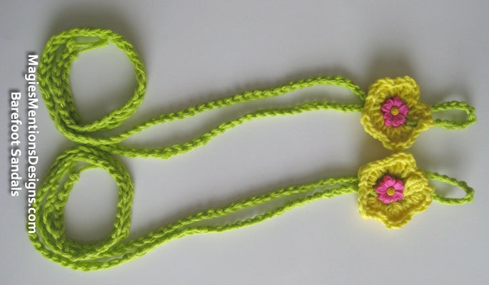 Cotton Green Yellow Barefoot Sandals with Pink Button Flower Handmade Crocheted One Size Fits Tweens, Teens and Women