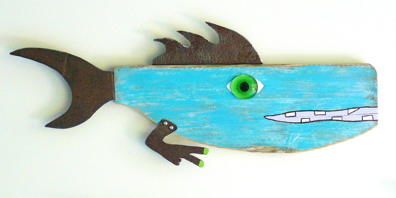 Whimsical colorful found object wood fish art. Peace Out Perch
