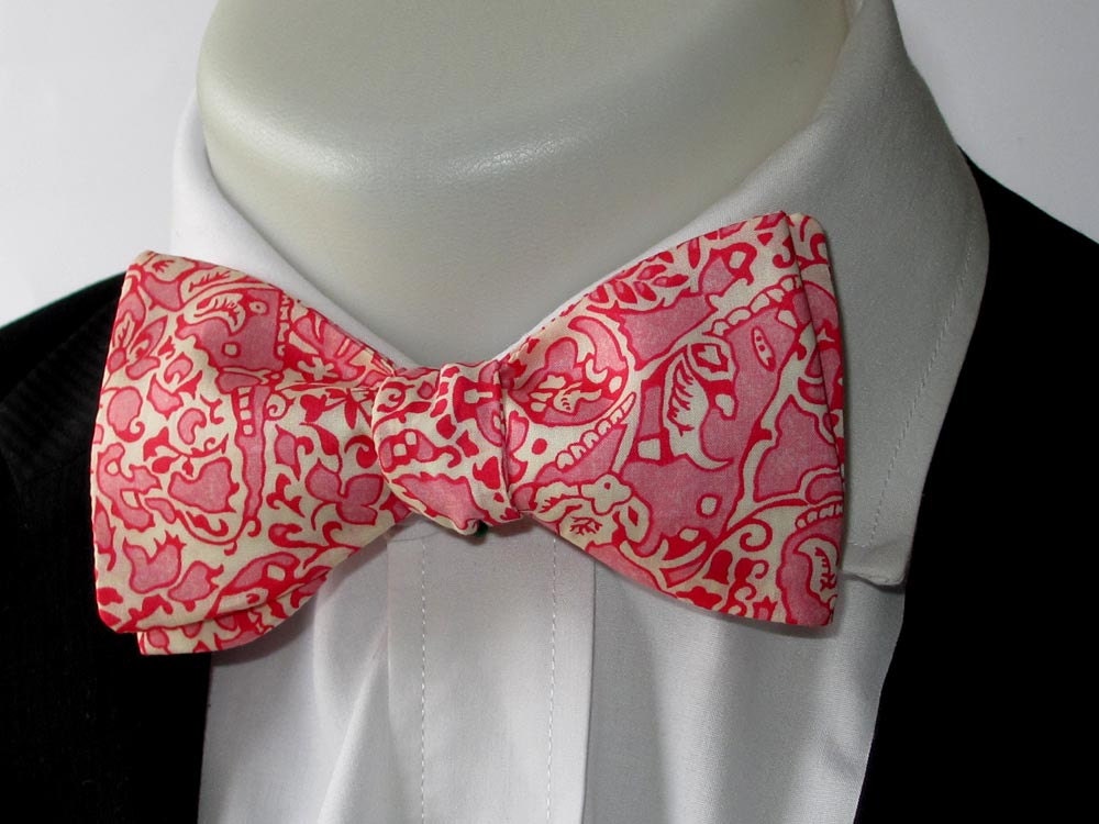 Liberty print lawn cotton-" Lagos Laurel " - beautiful pink and red colourway -  classic self tie / freestyle bowtie for men