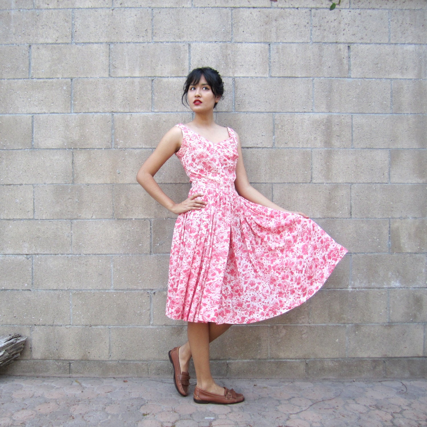 1960s dress/ vintage floral silk sundress/ 60s pink floral strap party dress S