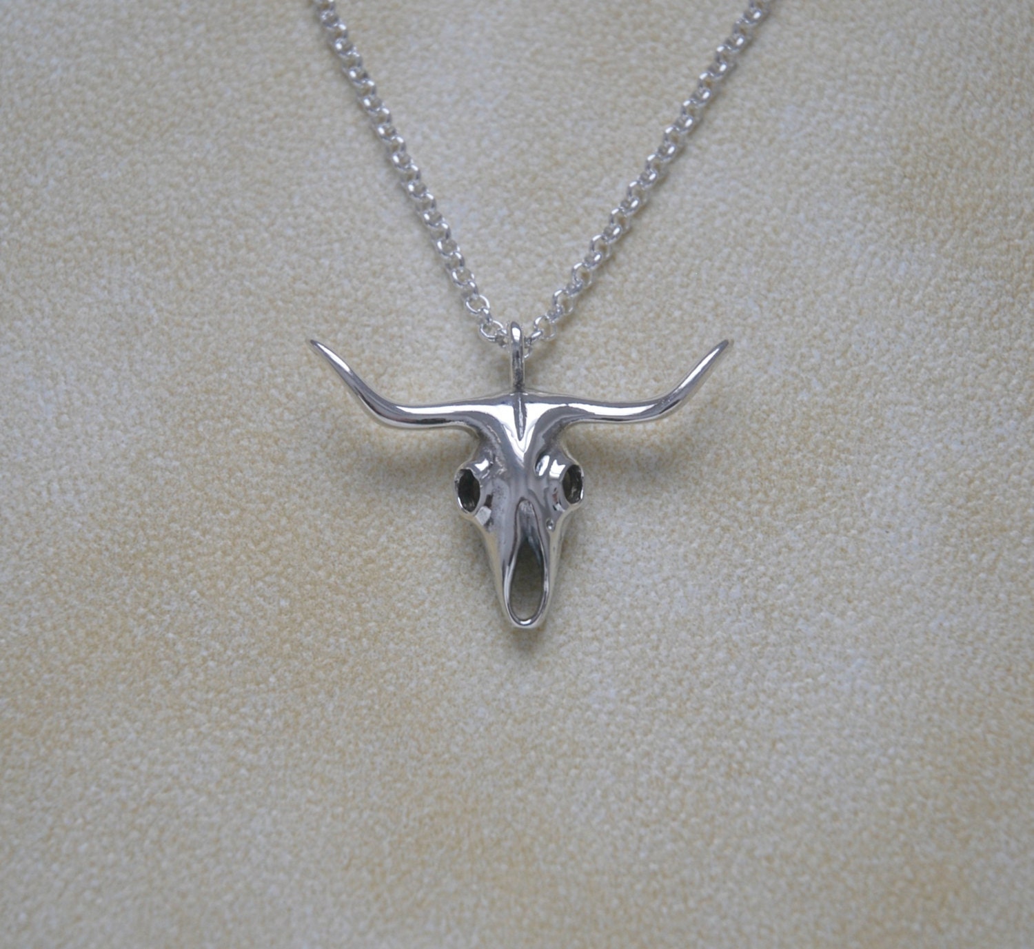Silver skull necklace - large sterling silver cow bull skull pendant - taurus - men unisex - everyday jewelry - cowboy rocker - longhorn