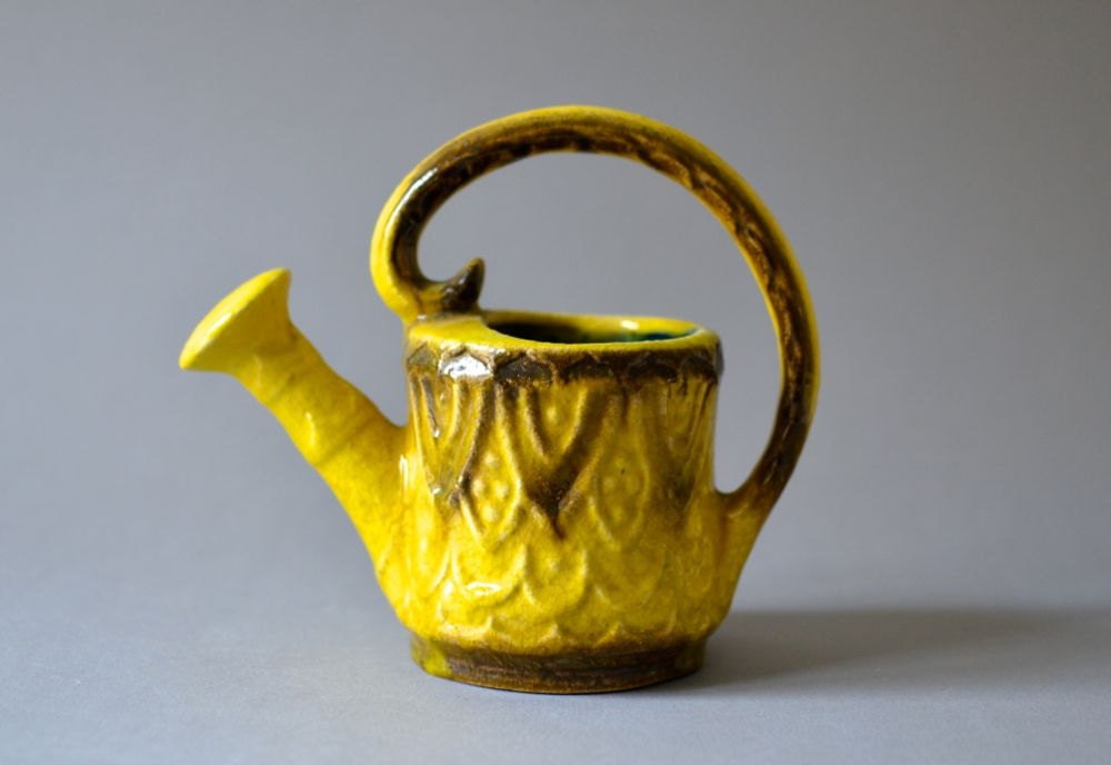 Vintage watering can West German pottery yellow lemon zest Scheurich vase jug 70s