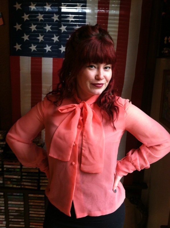 III Peach Chiffon Vintage Bow Front Blouse III