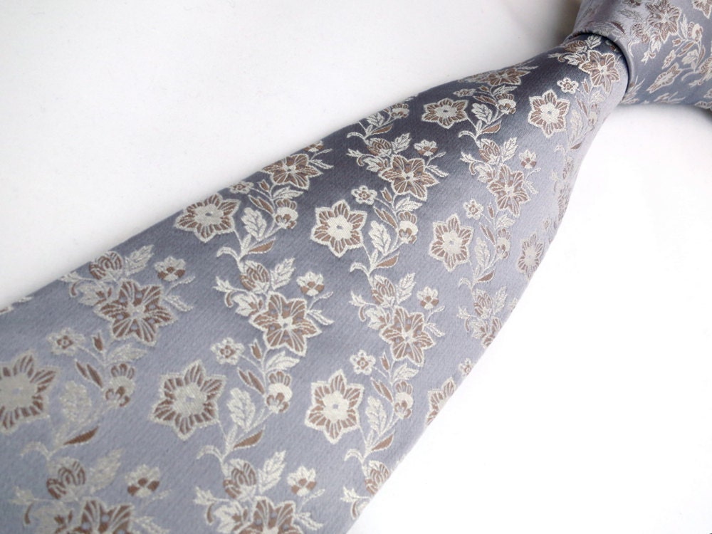 Groom Tie - Pure Silk Silver Floral Mens Necktie - 'Platinum Garden'