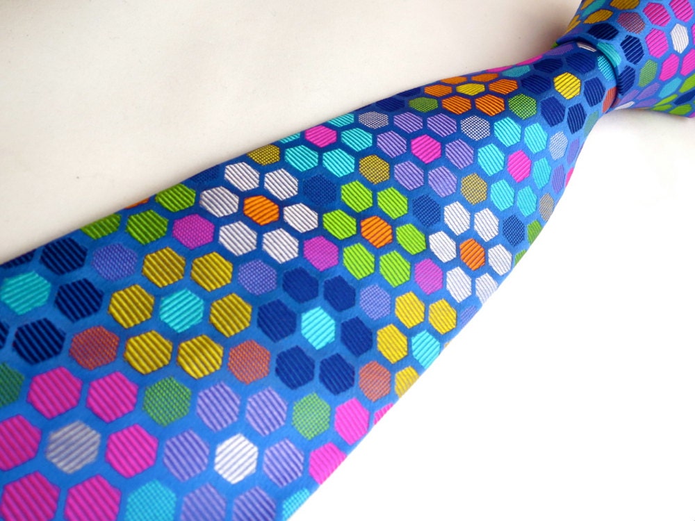 Geometric Silk Tie - Blue & Multicolor Pure Silk Necktie - 'Hex-Tastic I'