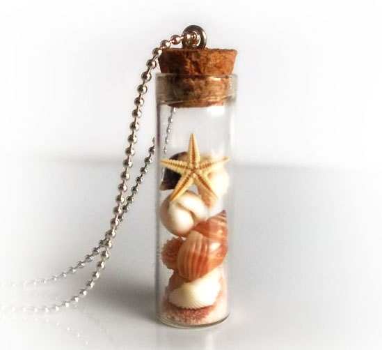 Sea shells in a bottle necklace, vial necklace with seashalls, conchs, starfish and sand