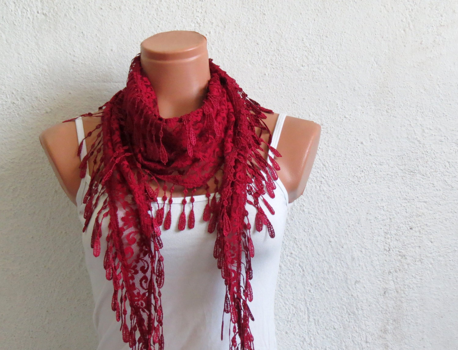 Personalized Design Burgundy Red Scarf. Turkish Fabric Fringed Guipure Scarf ..bandana,headband,wedding,bridal,authentic, romantic, elegant,
