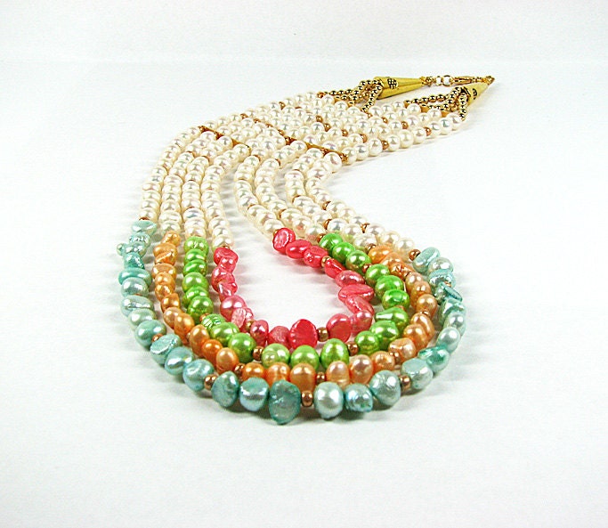 Multistrand pearl necklace Bright pastel yellow, coral, lime green, blue beaded necklace Multi strand freshwater pearl beaded jewelry