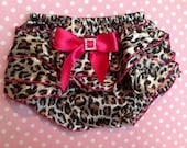 Ruffled Leopard Satin Baby Bloomers with Rhinestone Embellishment on Bow, Ruffled Diaper Cover, Diaper Covers,