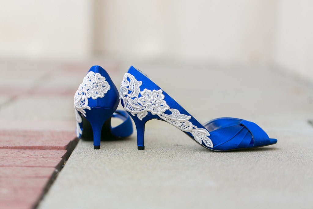 Wedding Shoes - Royal Blue Wedding Shoes, Blue Bridal Heels with Ivory Lace. US Size 7