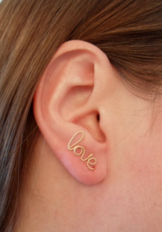 Pair of LOVE Earring Gold 14k filled TWISTED. LOVE Handwritten Pair Stud Earring. Cartilage. Pierced ear cuff.
