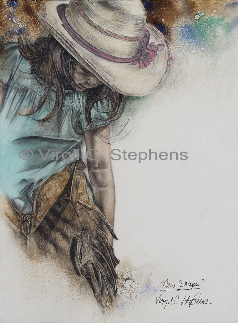 New Chaps, print from the original oil painting of a young cowgirl putting on her new chaps - notevena
