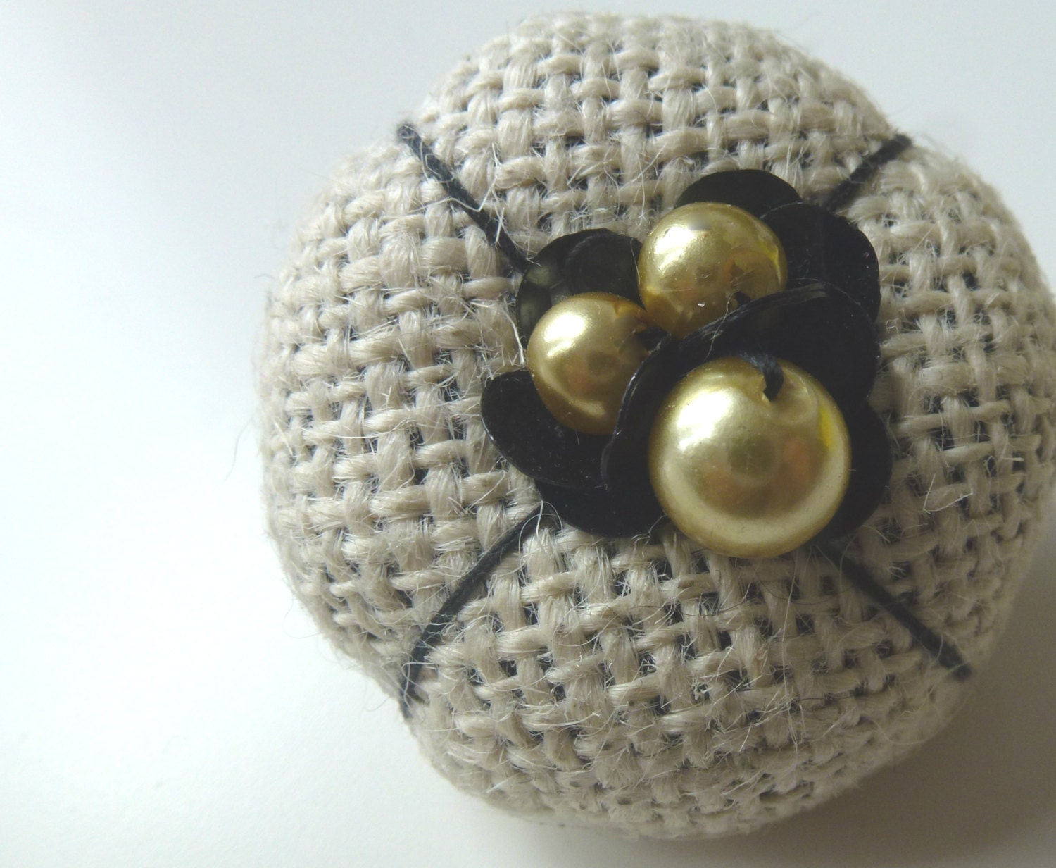 Fibre Brooch - Fabric Flower in Vintage Linen Sacking with Black Sequins and Gold Beads