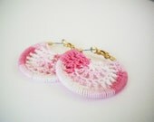 Crocheted Fiber Art Hoop Earrings in Shades of Pink with Gold Spring Lock Earwires - Dreamcatcher Style Centers