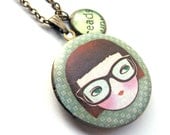Nerdy Girl Glasses Locket Reads Reading Word Pendant Brass Setting Library Card Necklace One of a Kind
