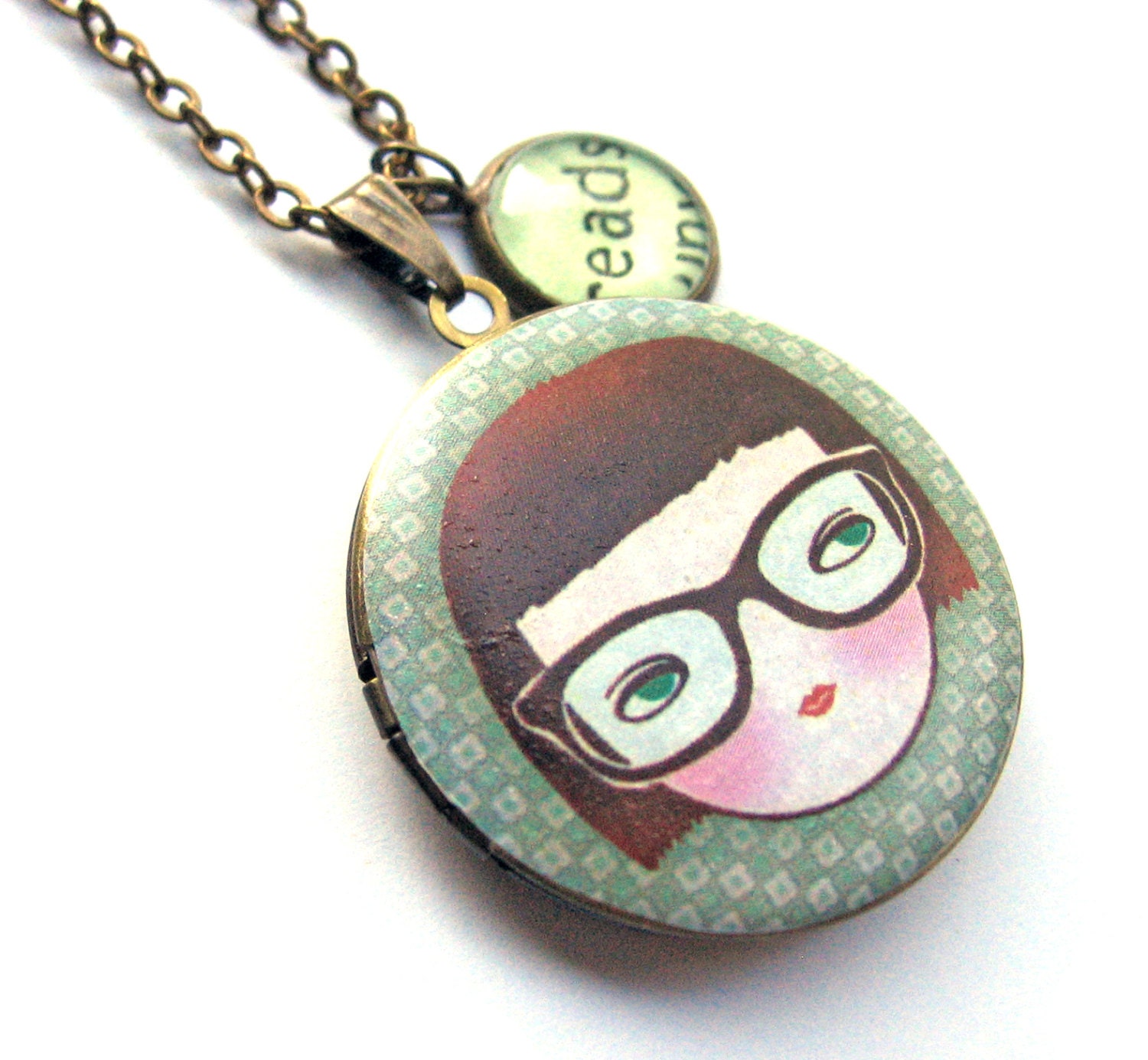 Nerdy Girl Glasses Locket Reads Reading Word Pendant Brass Setting Library Card Necklace One of a Kind