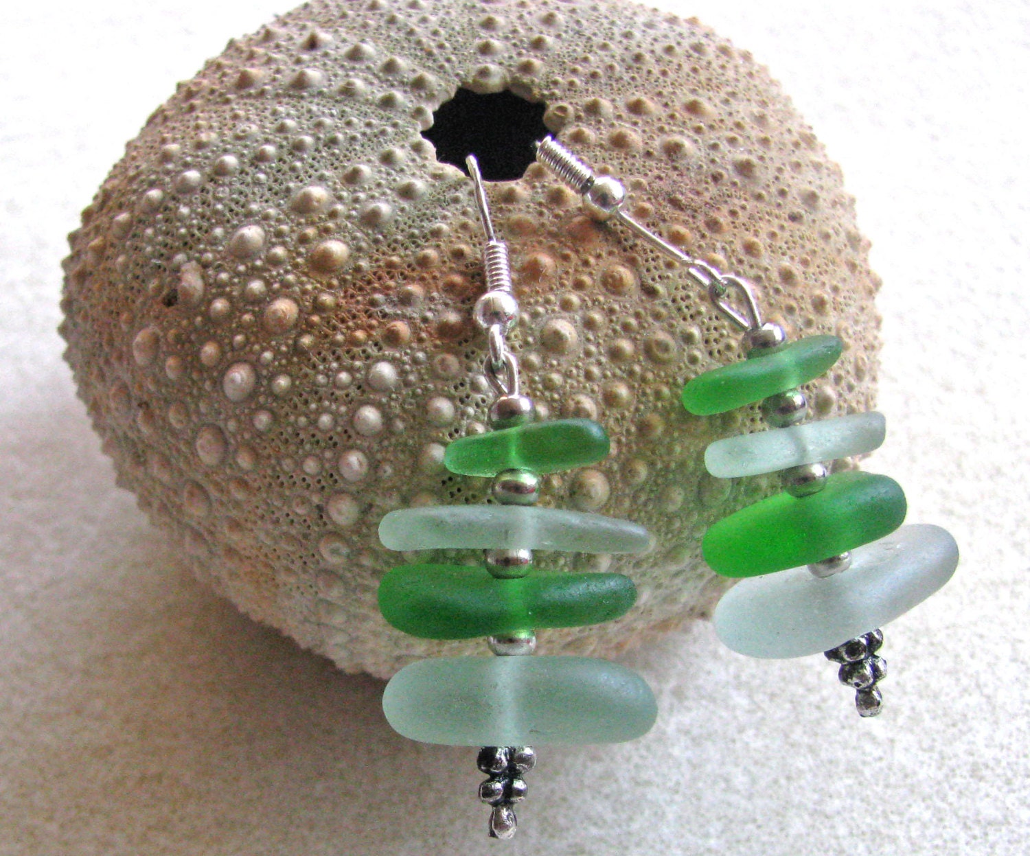 Stacked Teal and Green Sea Glass Earrings with Sterling Silver.