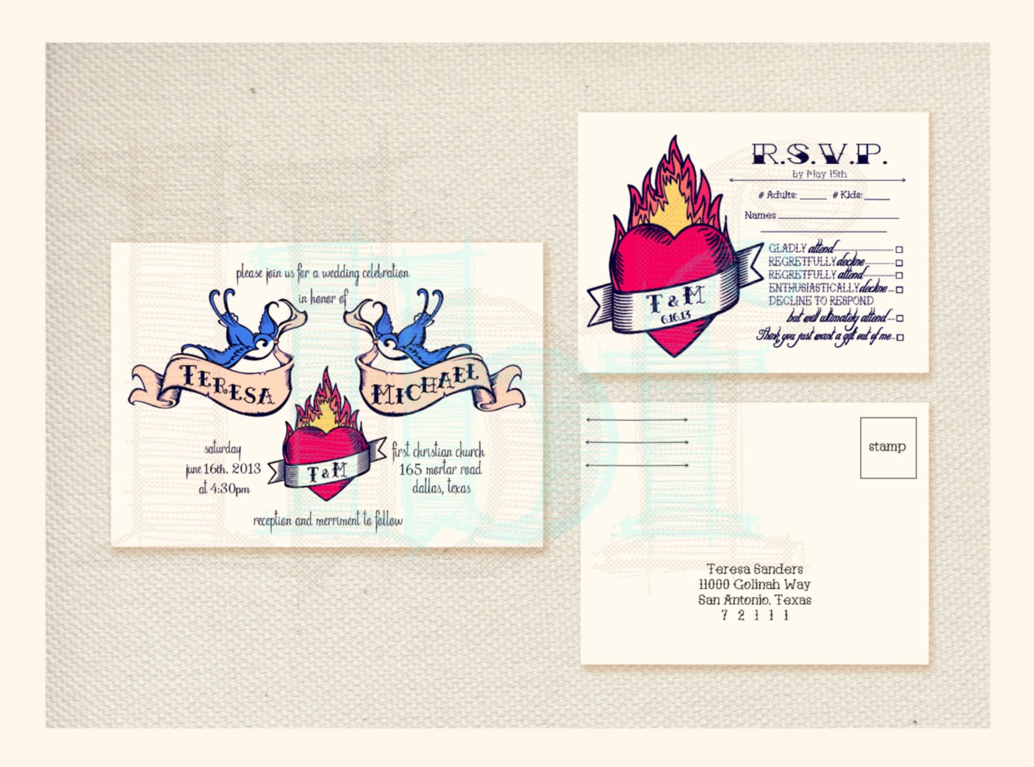 Retro Heart Tattoo Wedding Invitation & RSVP Cards Custom