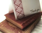 Set of 4 Blank 4x5.5 Thank You Cards - Damask Stripe - Burgundy Wine Red Grey Gray Brown - Elegant Traditional Neutral Stationary