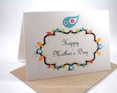 Happy Mothers Day Card - Blue Bird on Floral Signage - HMD002 - Red, Green, Yellow, Brown