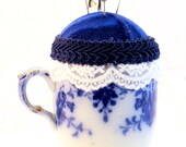 Antique flow blue demitasse cup needlecraft pincushion vintage keepsake Mothers day heart locket royal blue white tagt