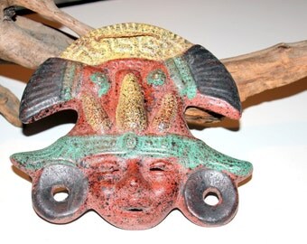 Exquisite Hand Crafted Painted Clay Aztec Warrior Mask Corn Mask
