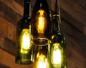4-Light Recycled Wine bottle chandelier with brass ceiling canopy