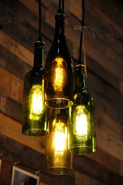 4-Light Recycled Wine bottle chandelier with brass ceiling canopy