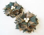 Green Lace Fabric Flower Hair Clips with Ivory Cream Pearl Beads Hair Accessories for Girl, Women, Bridesmaid, Gift
